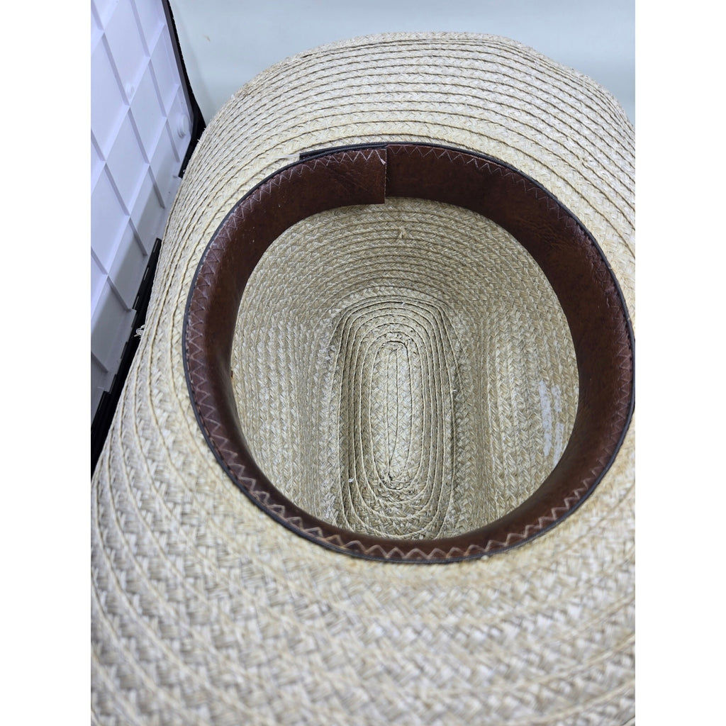 Vintage Western Straw Panama Fedora Hat Gray Woven Center Dent Side Feather