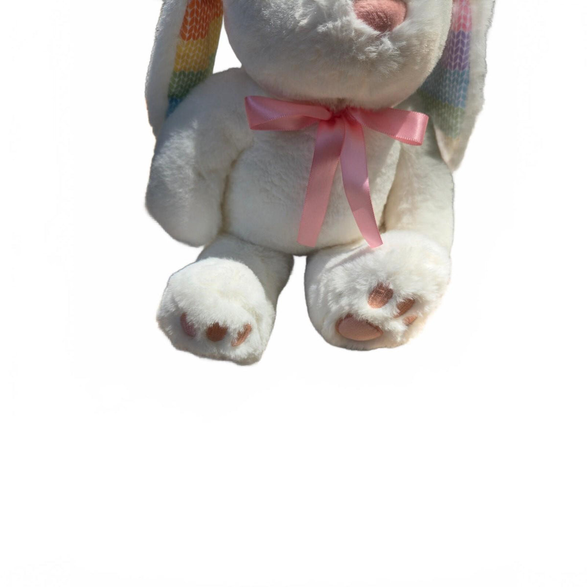 White Easter Bunny Plush Rainbow Knit Inner Ears Pink Satin Ribbon Bow