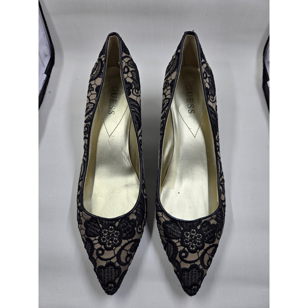 Guess Black Floral Lace Pointed Toe Pumps Nude Beige Mesh Stiletto Heel 8.5