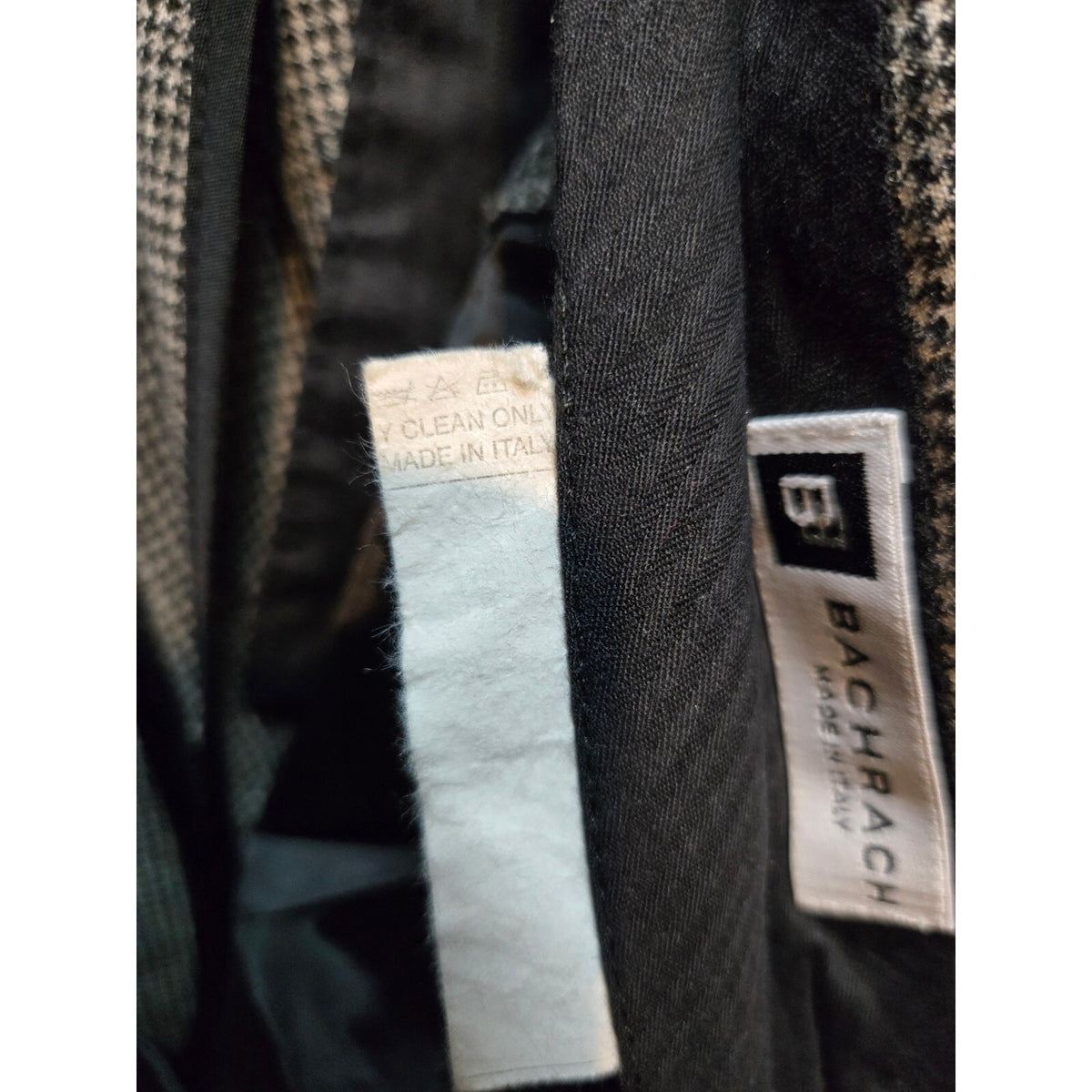 Vintage Bachrach Men Wool Houndstooth Pants Pleated Black Made in Italy 32W 29L