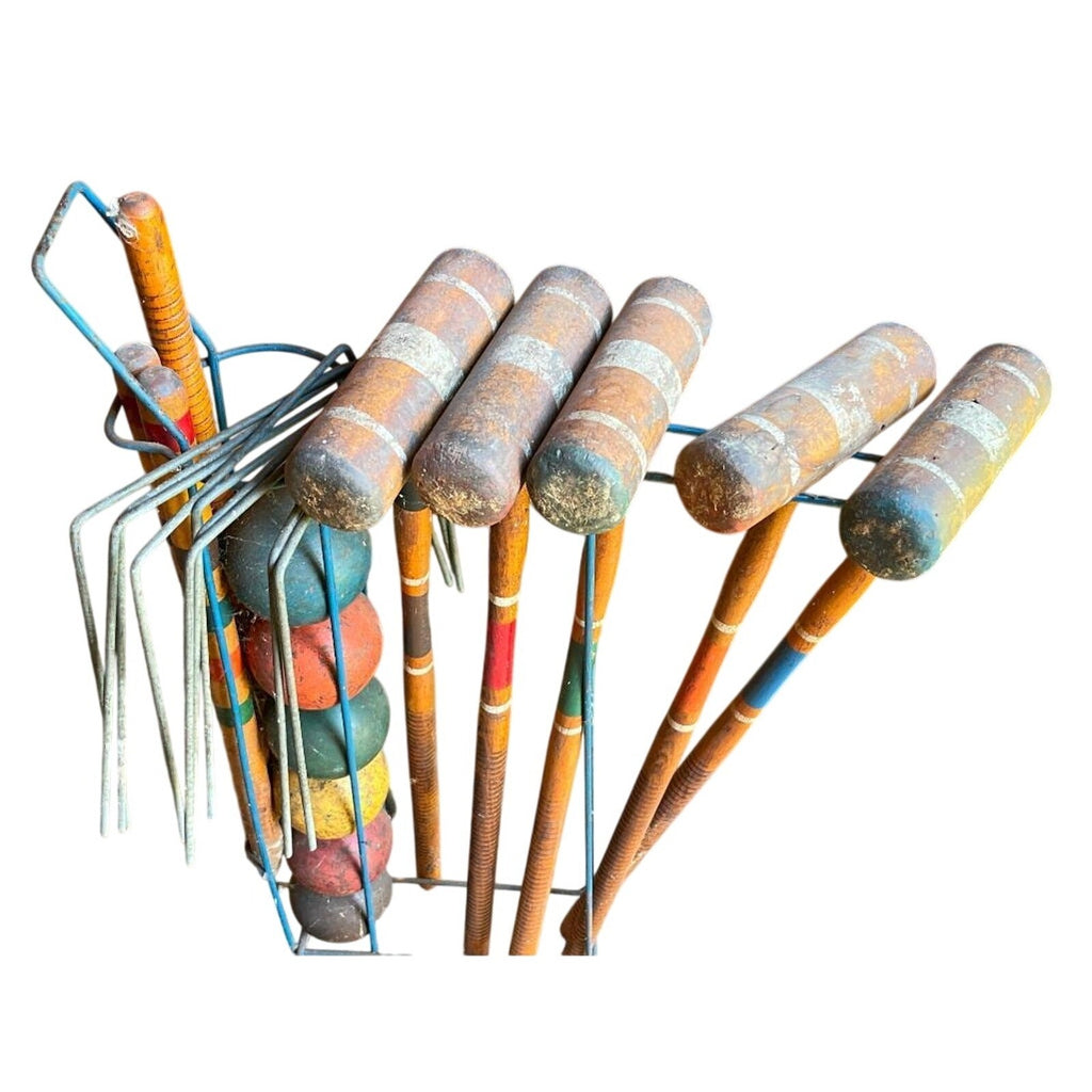 Vintage Mid-Century 6-Player Wooden Croquet Set with Rolling Metal Wire Caddy