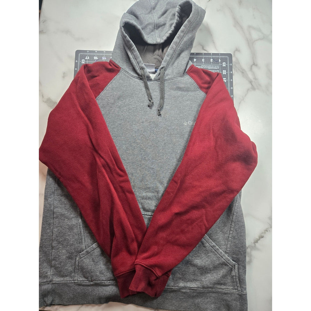 Columbia Men Hoodie Size Large Gray Maroon Pullover Raglan Fleece Sweatshirt