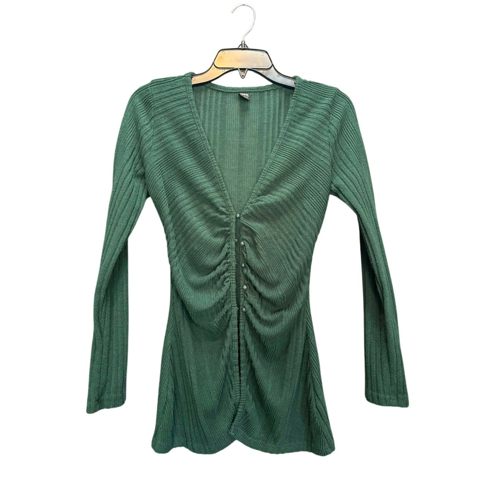 SHEIN Dark Olive Green Ribbed Cropped Button-Front Shirt, Size Small, Very Good