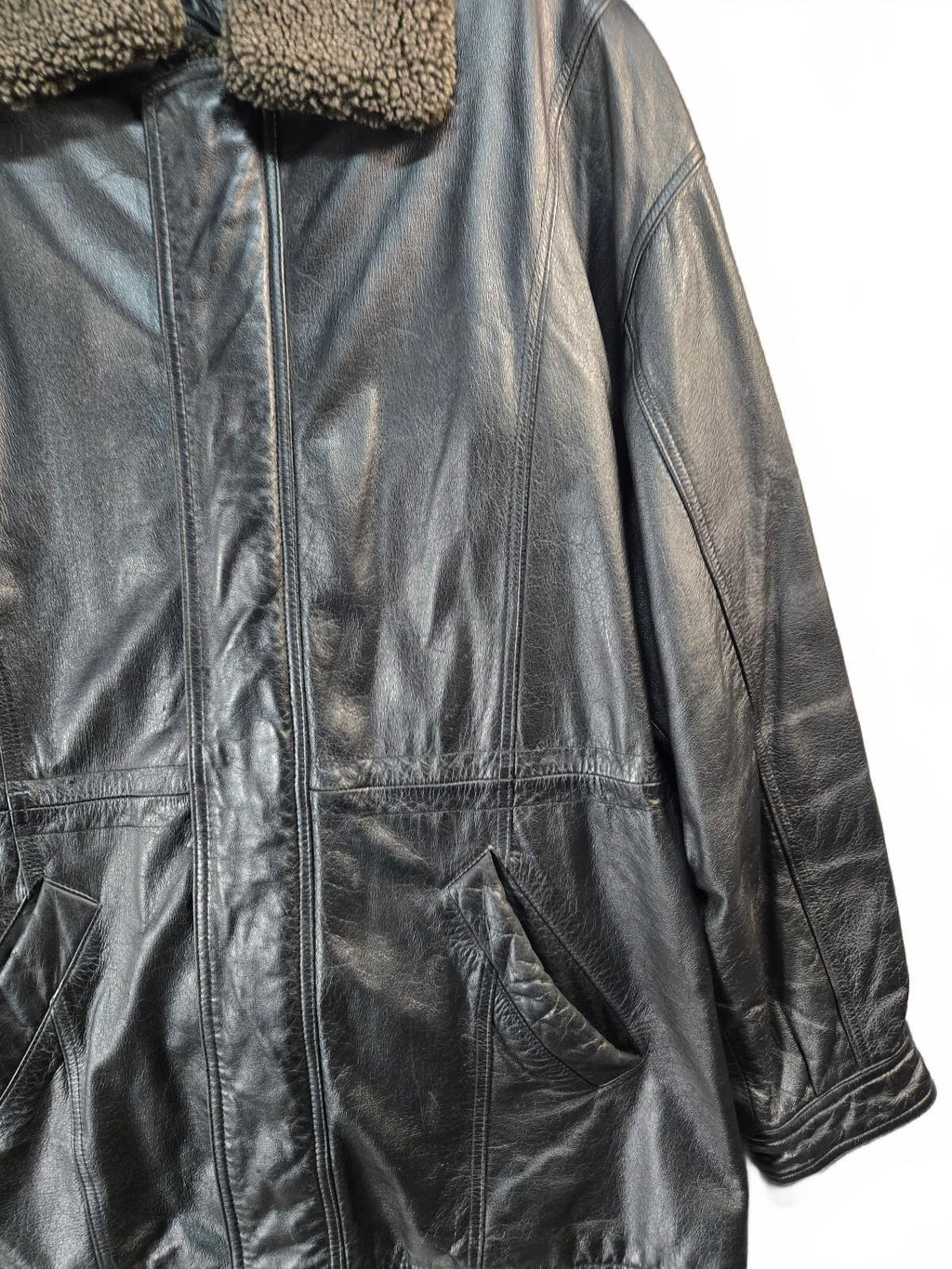 Czar black leather coat with shearling collar XXL