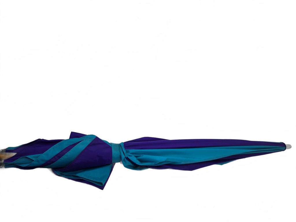 Purple and teal umbrella with wood handle