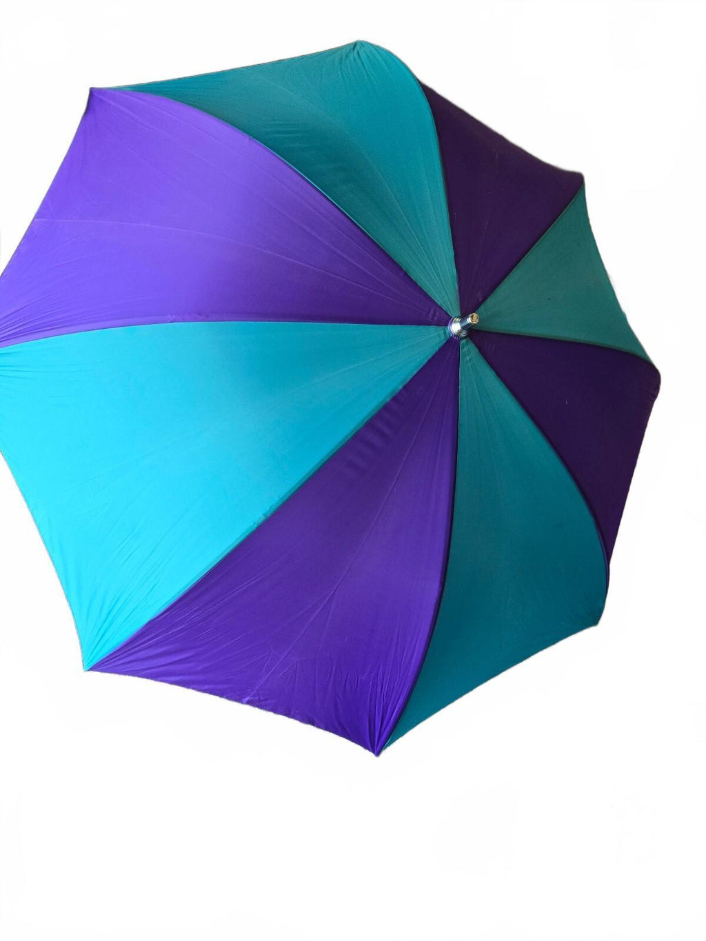 Purple and teal umbrella with wood handle