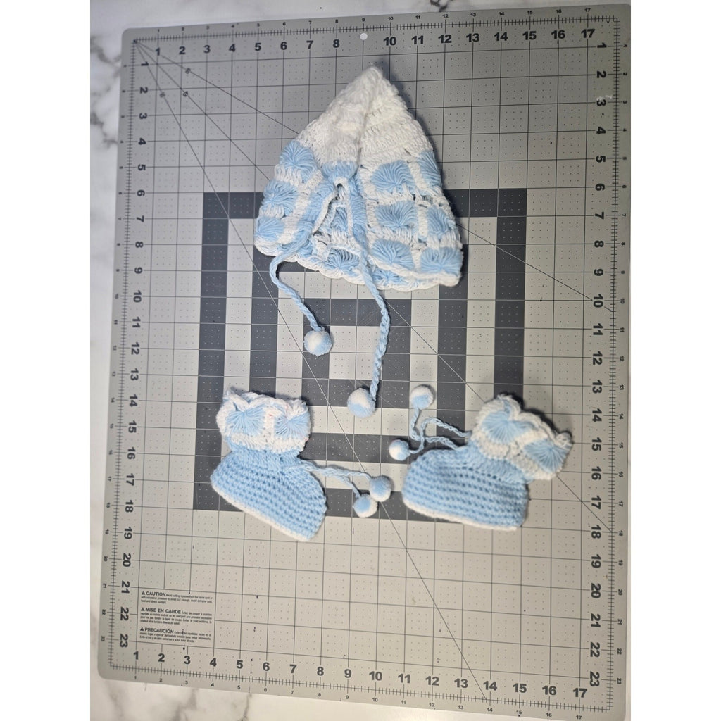 Handmade Crochete Baby Bonnet and Booties Set,  Light Blue And White Newborn Set