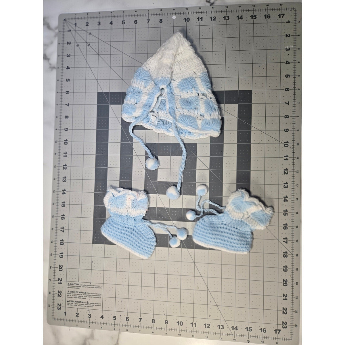 Handmade Crochete Baby Bonnet and Booties Set,  Light Blue And White Newborn Set