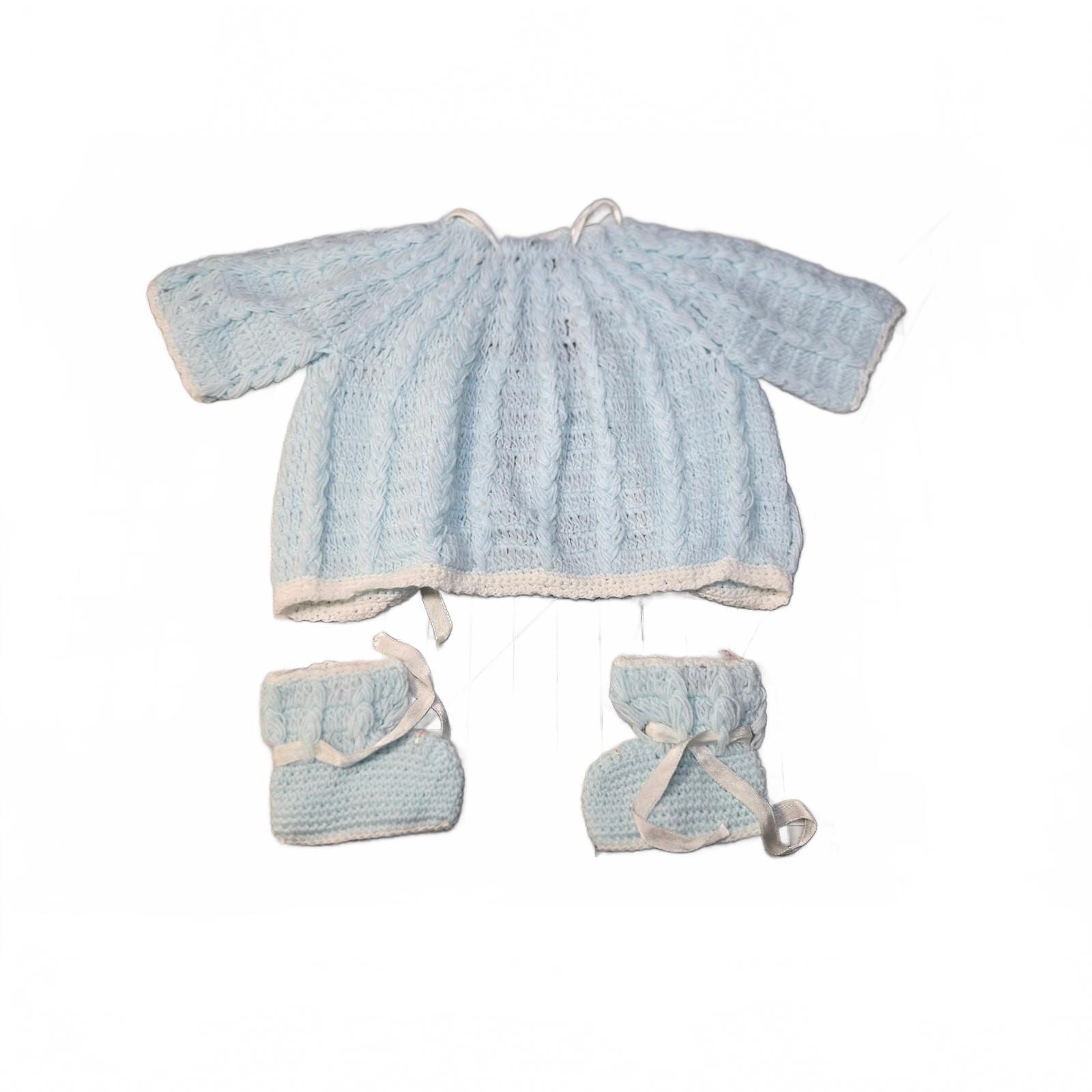 Vintage Handmade In Korea Baby Sweater And Booties set Blue And White