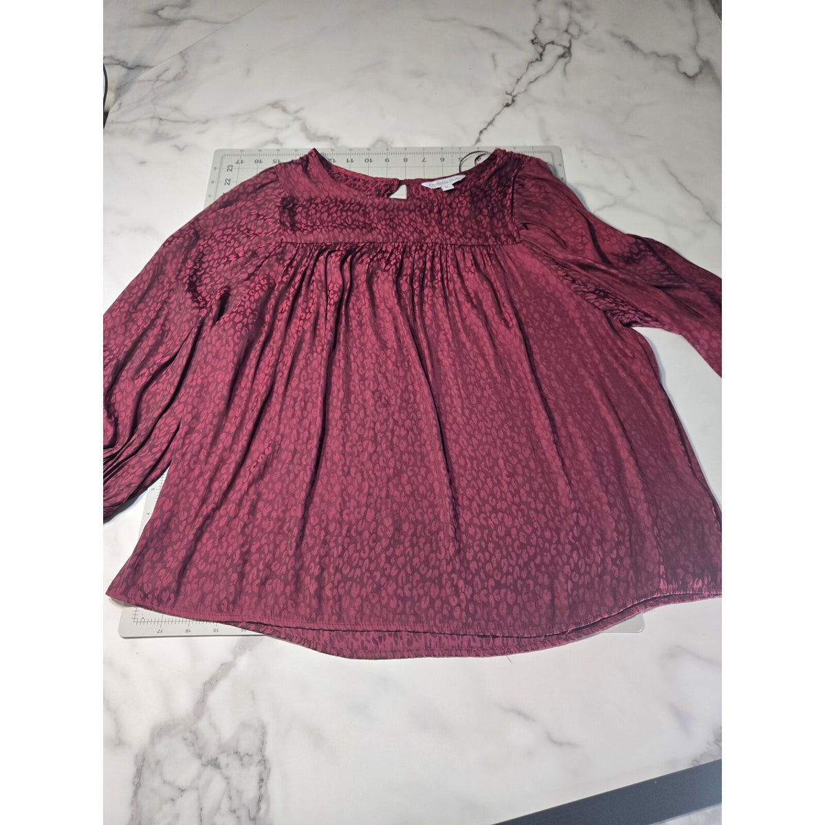 Ophelia Roe Medium Burgundy Babydoll Blouse with Leopard Print