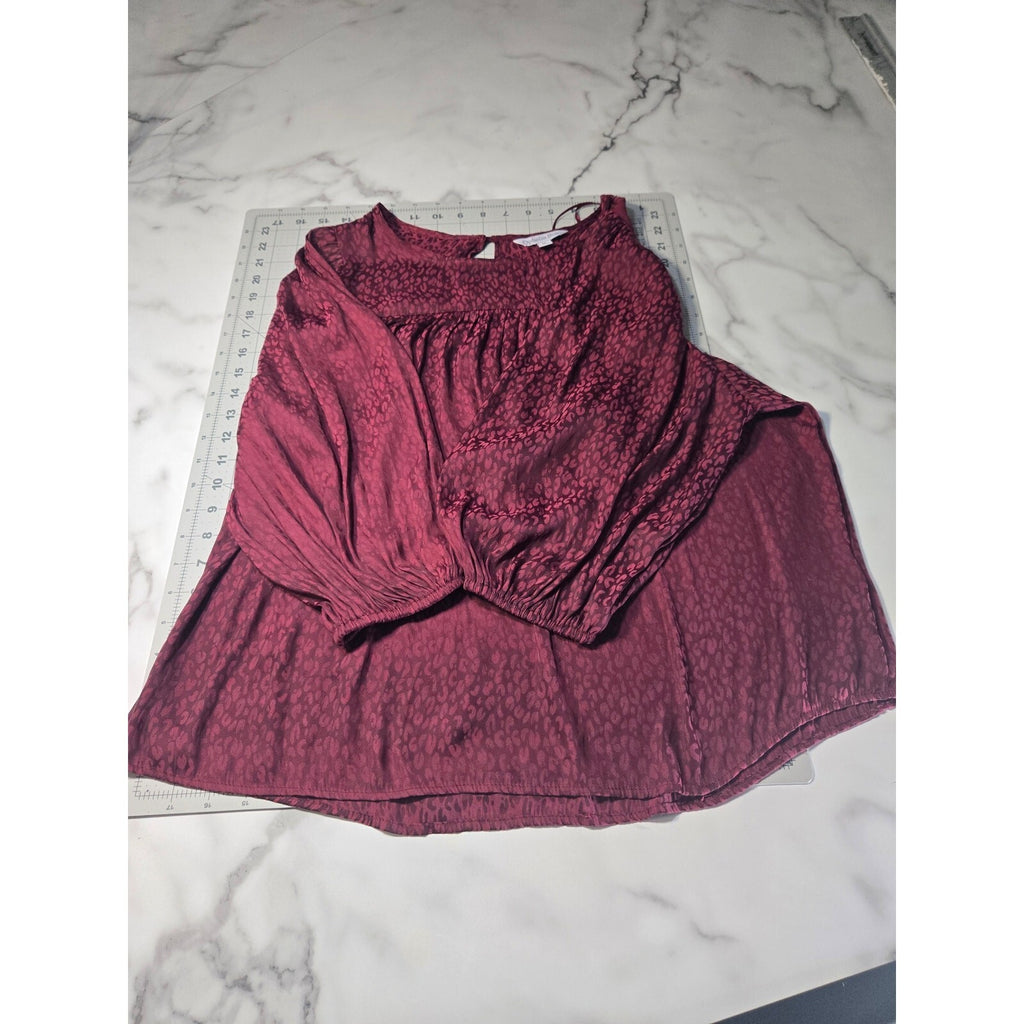 Ophelia Roe Medium Burgundy Babydoll Blouse with Leopard Print
