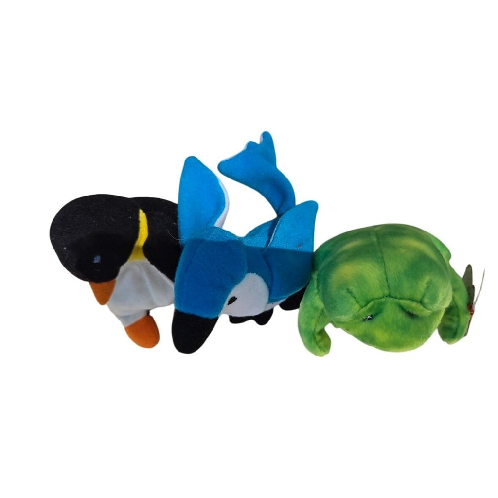 Lot of 3 Vintage Ty Beanie Babies Waddle Penguin Rocket Blue Jay Smoochy Frog