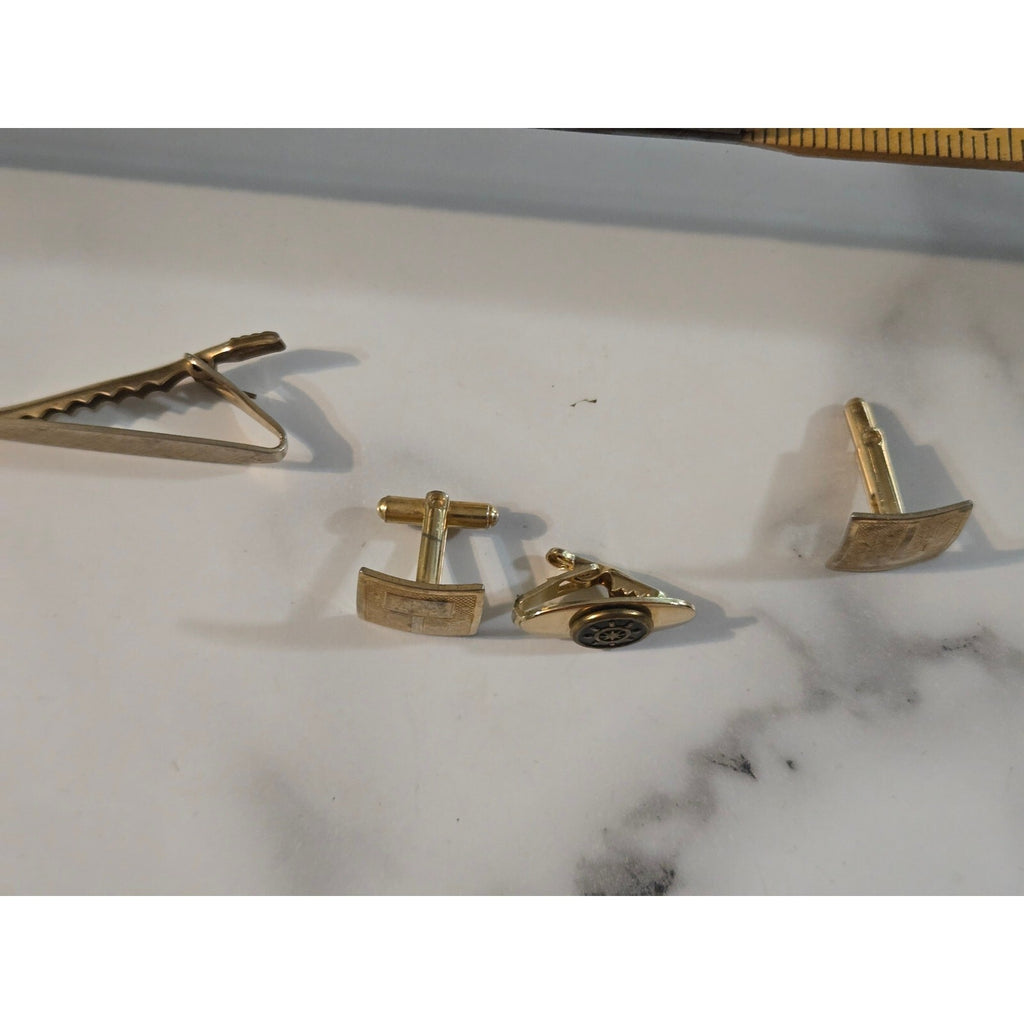 Vintage Mid-Century Brushed Gold Tone Cufflinks and Tie Clip Set
