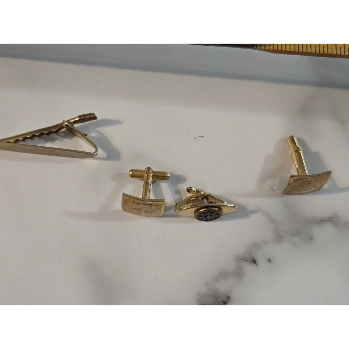 Vintage Mid-Century Brushed Gold Tone Cufflinks and Tie Clip Set