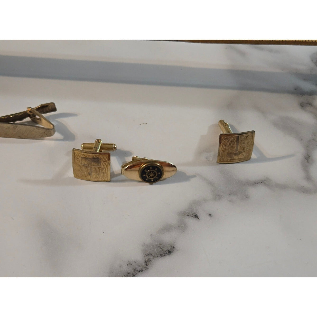 Vintage Mid-Century Brushed Gold Tone Cufflinks and Tie Clip Set
