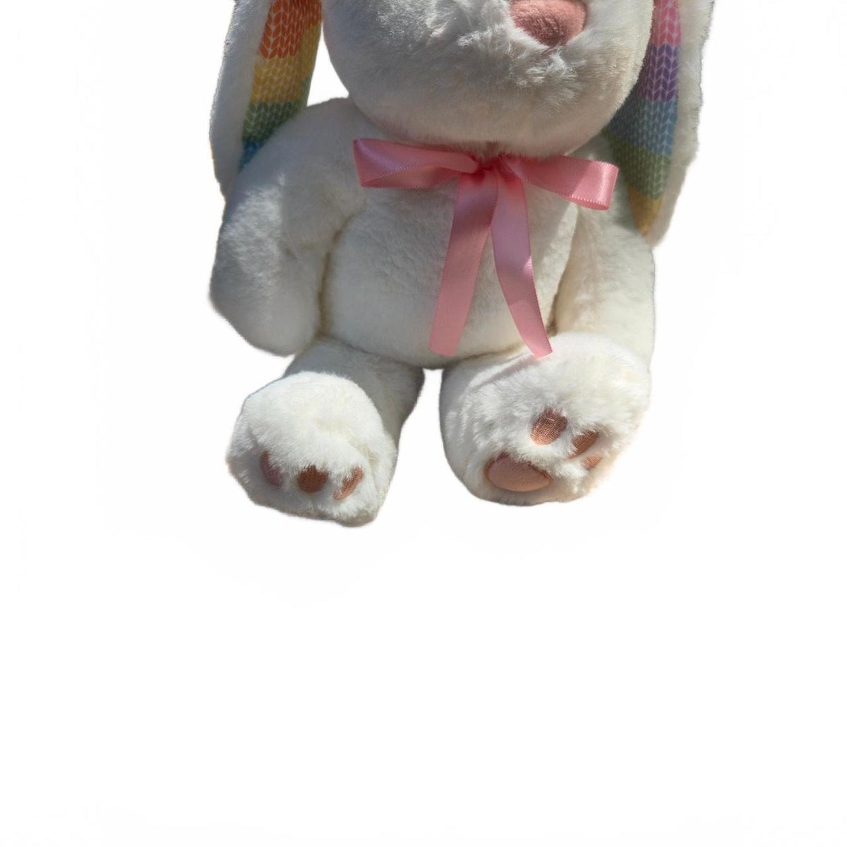 White Plush Bunny Stuffed Animal with Rainbow Ears and Pink Bow – Soft and Cute