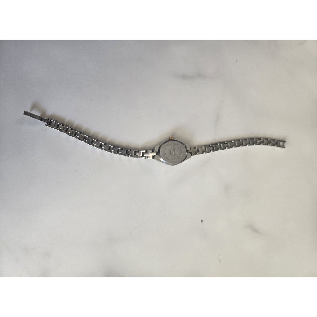 Wristwatch Silver & Gold Toned Link Band Round Pink Face Elegant