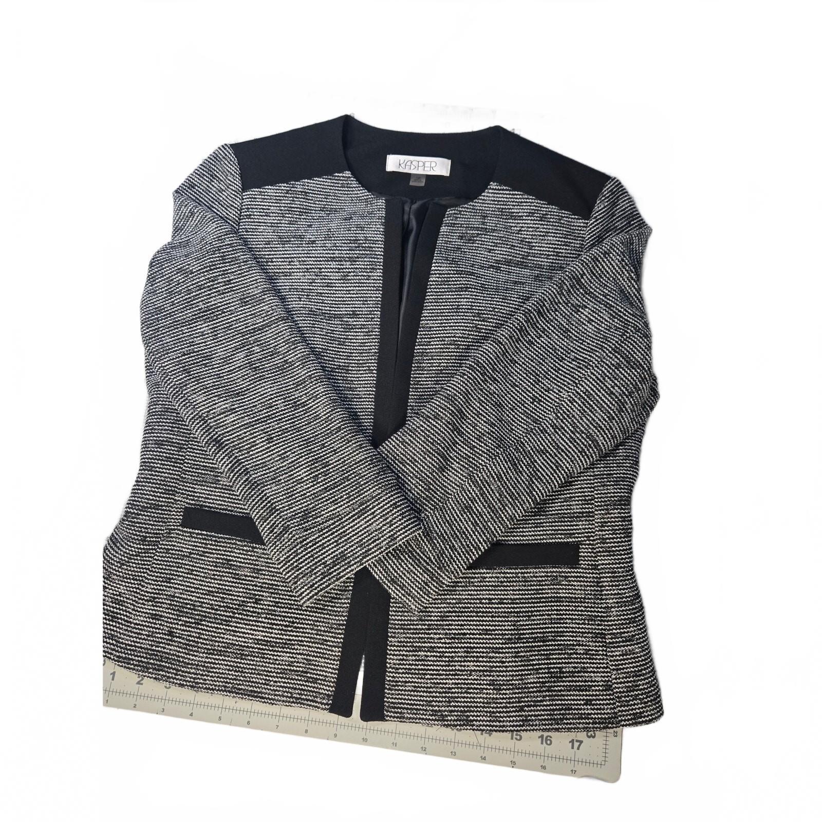 Kasper Womens ToP Black and White Tweed Open Front Collarless Blazer Yoke Combo