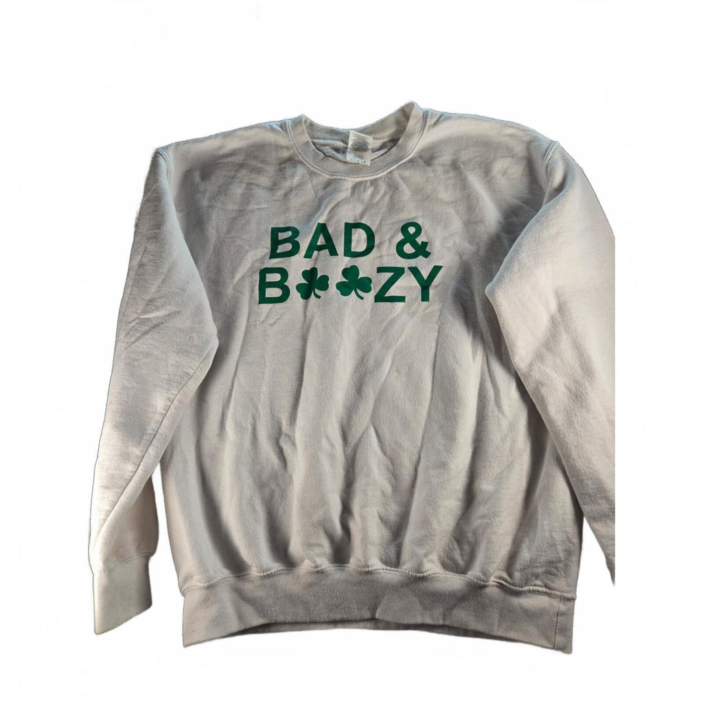 Grey St. Patrick's Day Gildan Unisex "Bad and Boozy" Shamrock Sweatshirt SZ M