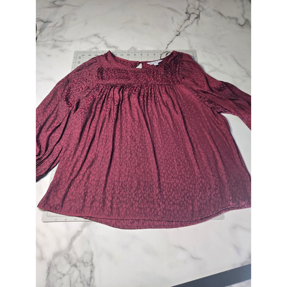 Ophelia Roe Medium Burgundy Babydoll Blouse with Leopard Print