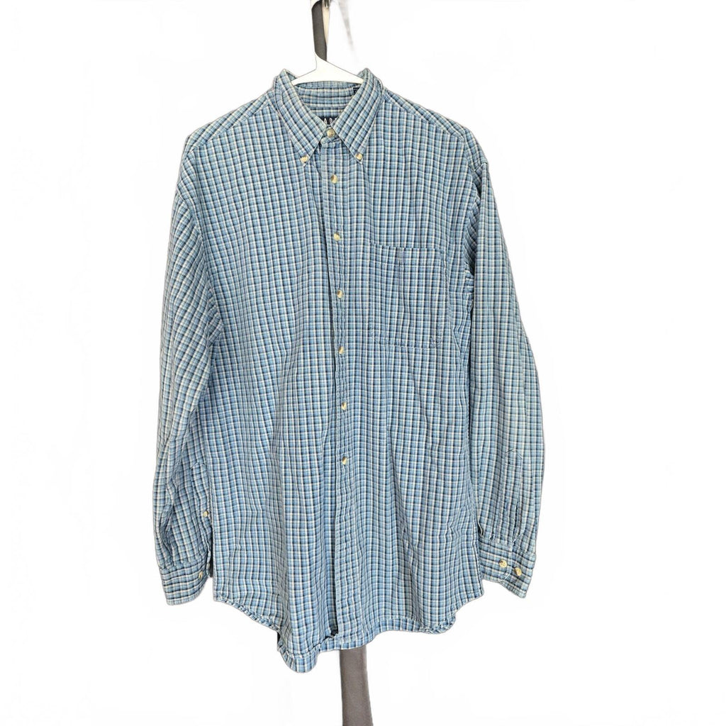 Trader Bay Men's Medium Blue Plaid Long Sleeve Button-Down Shirt 100% Cotton