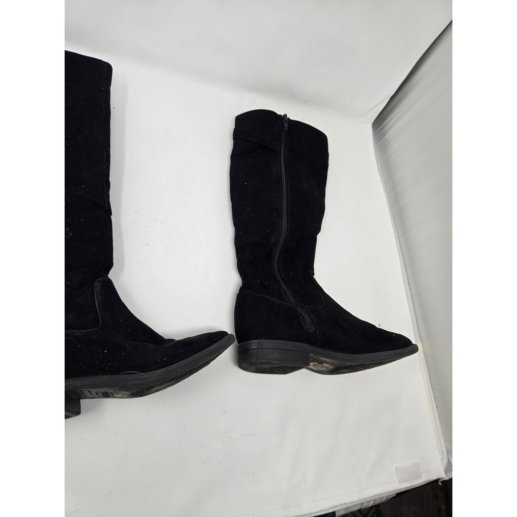 Eva & Zoe Krumpet Black Faux Suede Knee High Boots Leopard Print Lining Buckle 1