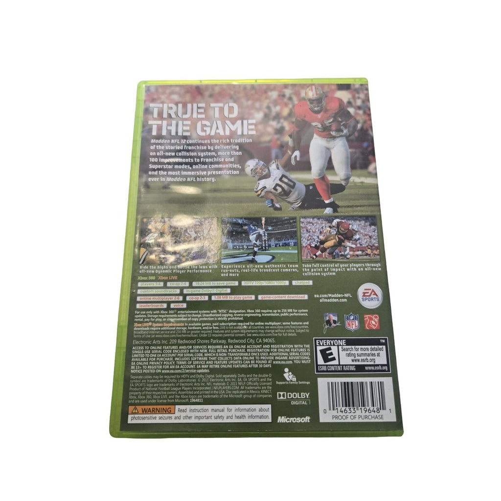 EA Sports Madden NFL 12 Xbox 360 Sports Game w/ Case Manual Multiplayer 2011