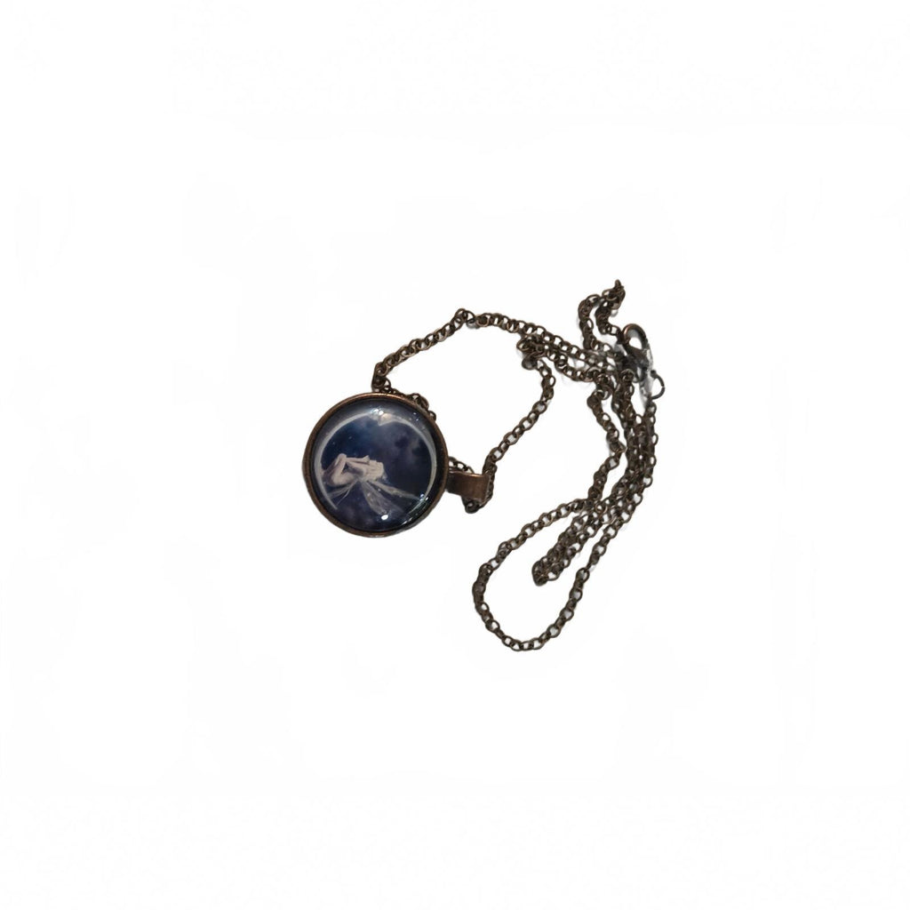 Bronze Tone Pendant Necklace with Sleeping Moon Angel Glass Cabochon on Gold-Col