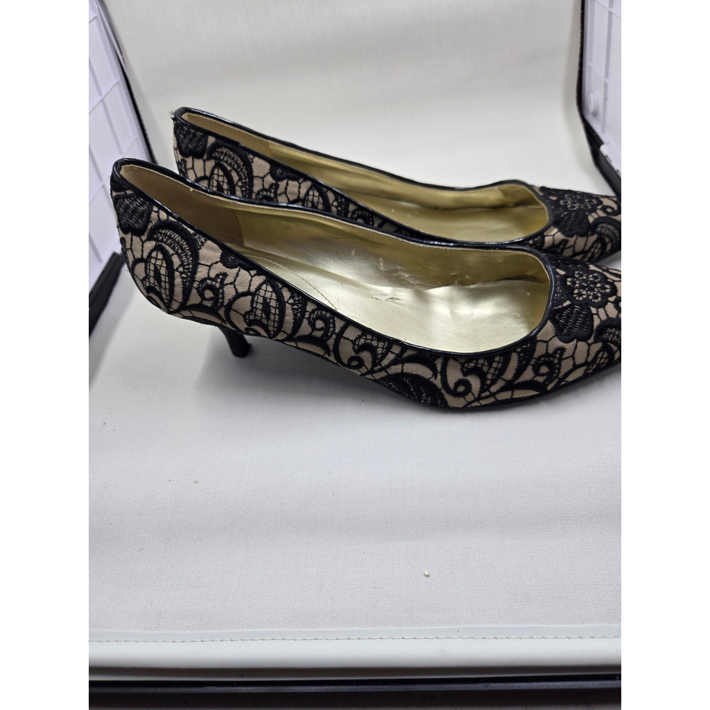 Guess Black Floral Lace Pointed Toe Pumps Nude Beige Mesh Stiletto Heel 8.5