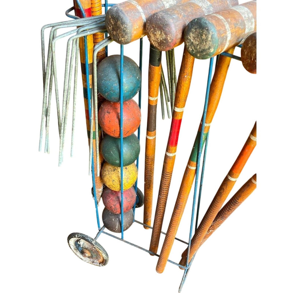 Vintage Mid-Century 6-Player Wooden Croquet Set with Rolling Metal Wire Caddy