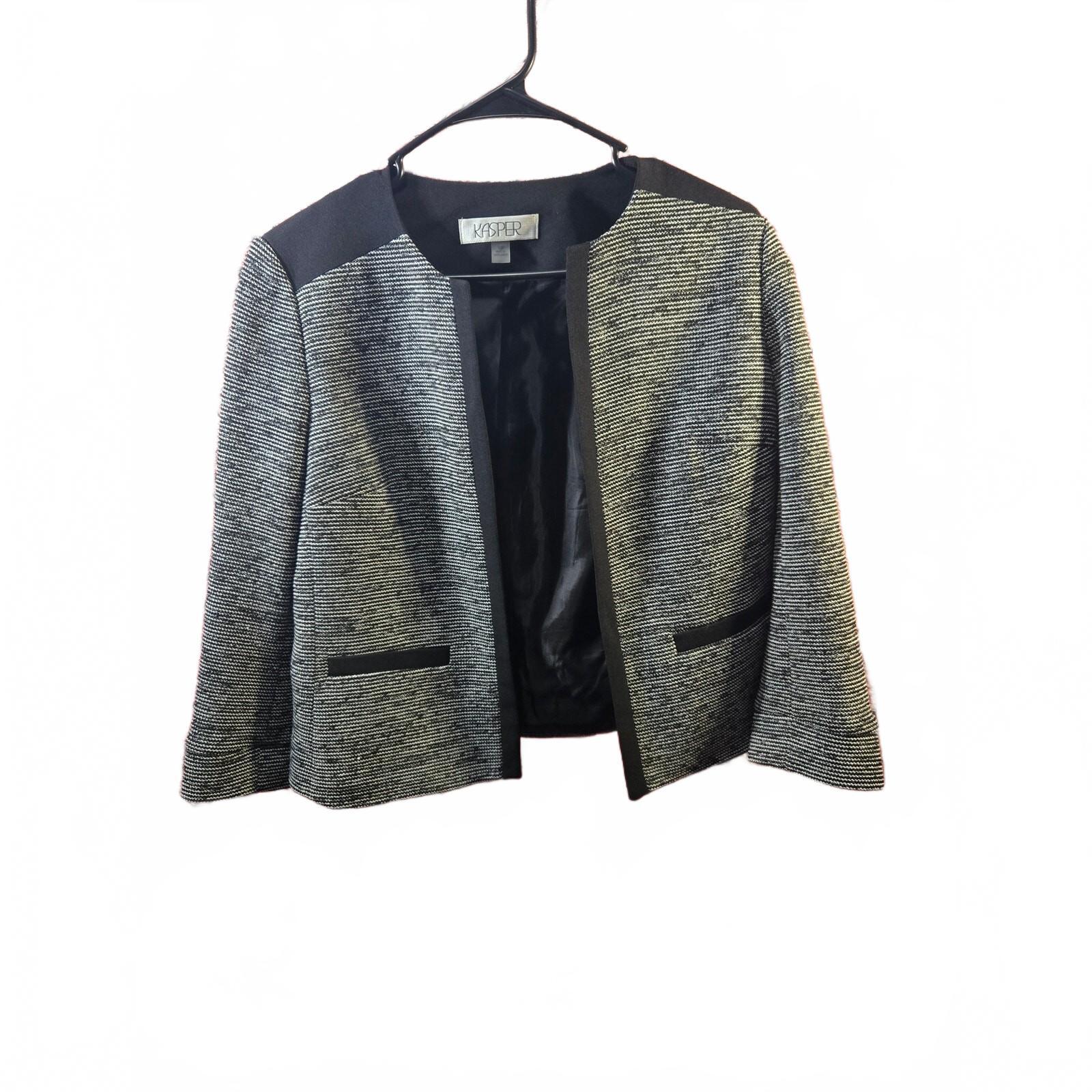 Kasper Womens ToP Black and White Tweed Open Front Collarless Blazer Yoke Combo