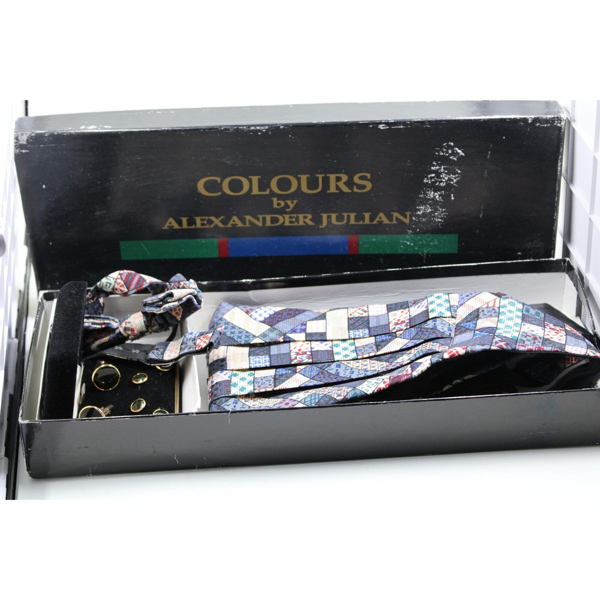 Vintage 1980s Alexander Julian Chapel Hill Multi-Color Silk Cummerbund and Bow T
