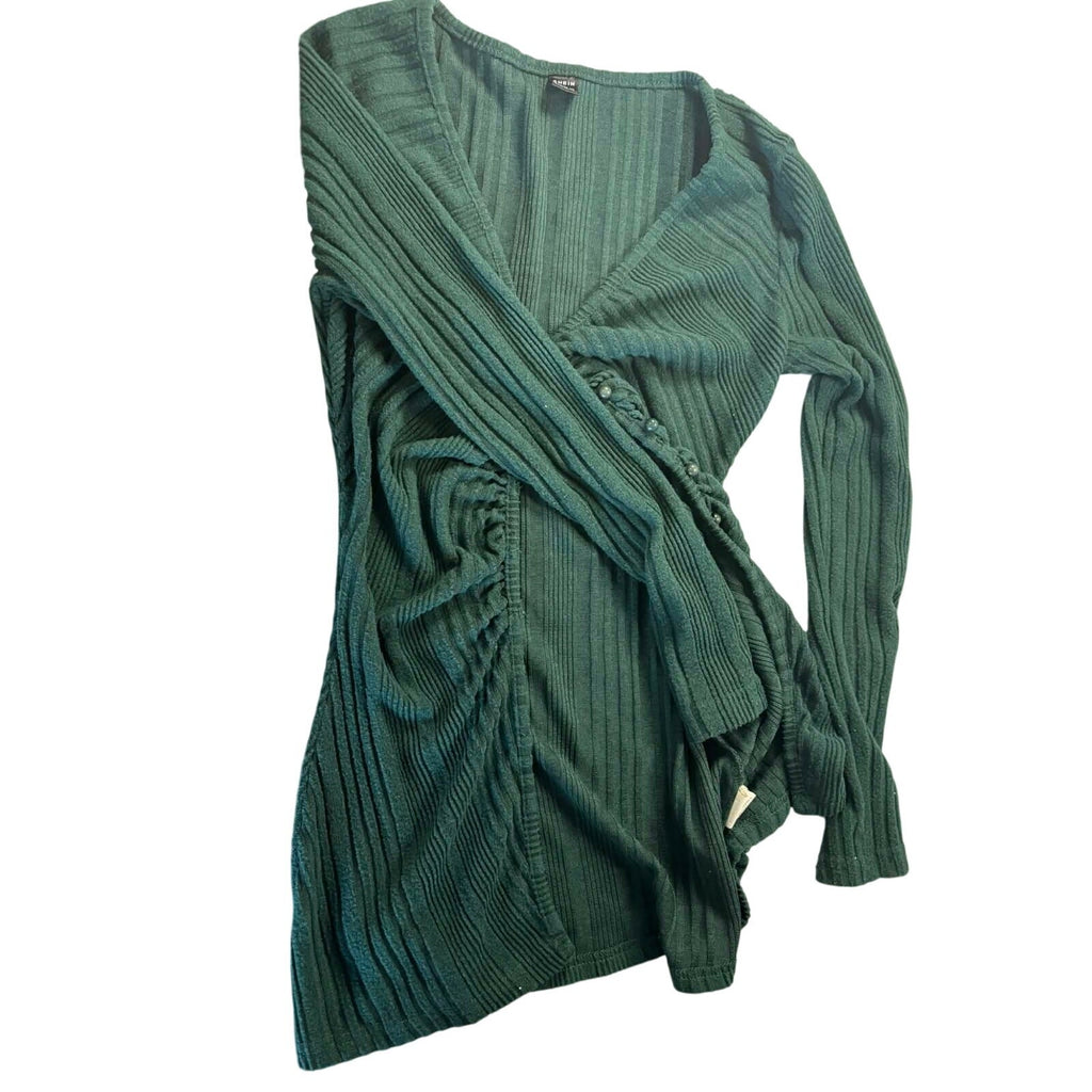 SHEIN Dark Olive Green Ribbed Cropped Button-Front Shirt, Size Small, Very Good