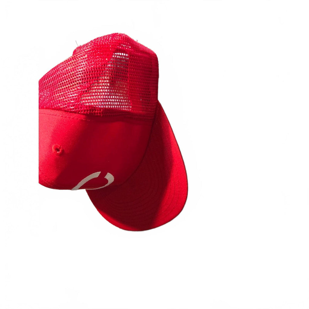 Vintage Red Mesh Snapback Hat with Green Brim