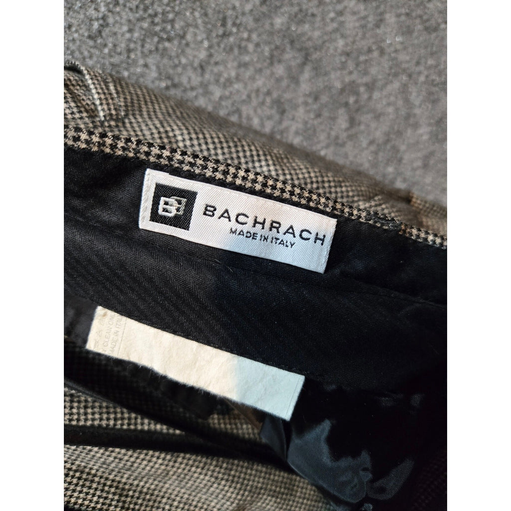 Vintage Bachrach Men Wool Houndstooth Pants Pleated Black Made in Italy 32W 29L