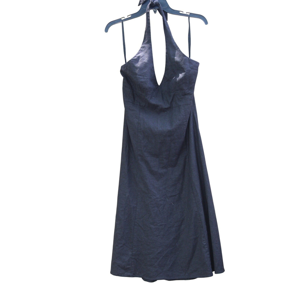 H&M Black Linen-Blend Halterneck Flared Dress, Size US 12