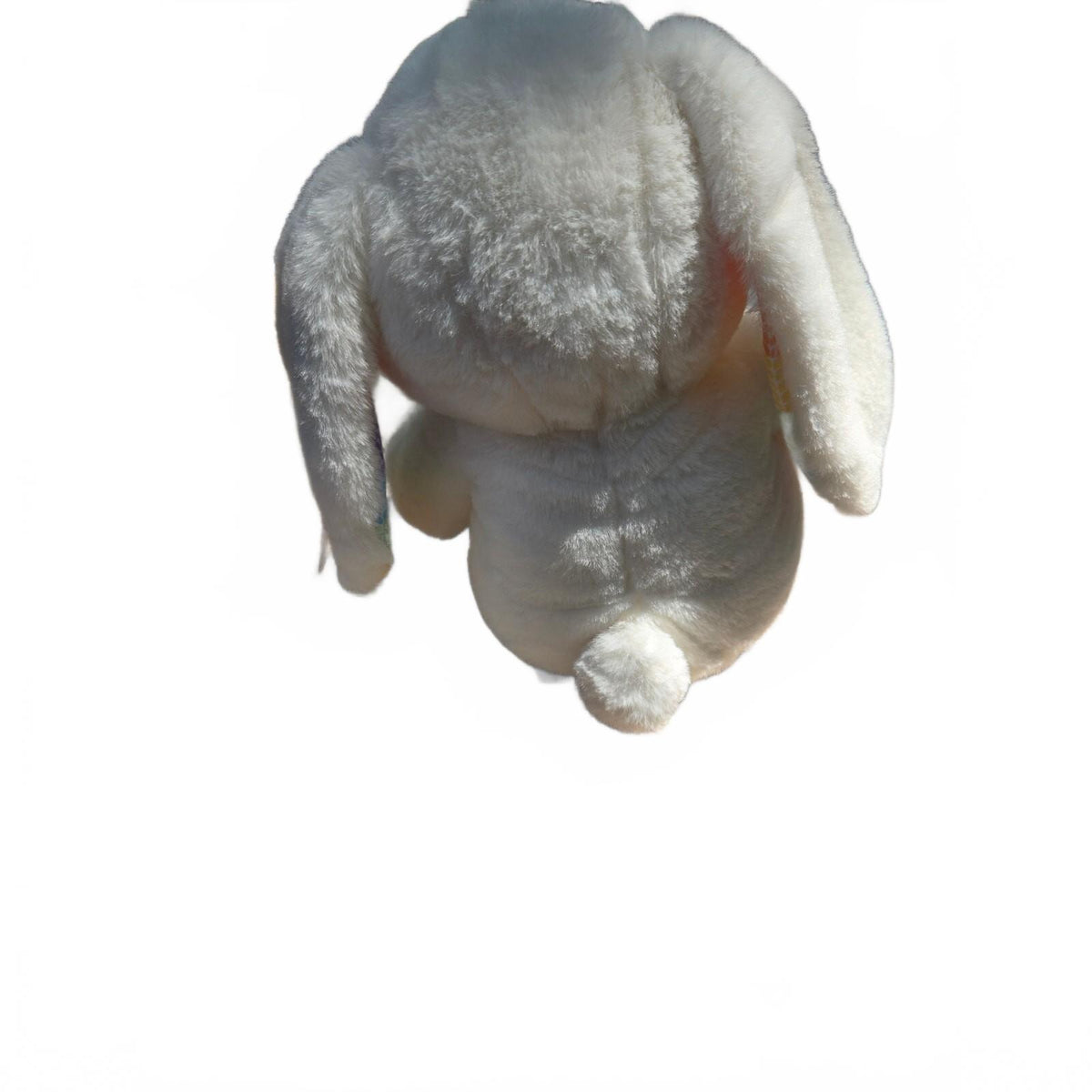 White Easter Bunny Plush Rainbow Knit Inner Ears Pink Satin Ribbon Bow