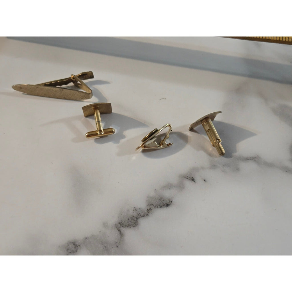 Vintage Mid-Century Brushed Gold Tone Cufflinks and Tie Clip Set