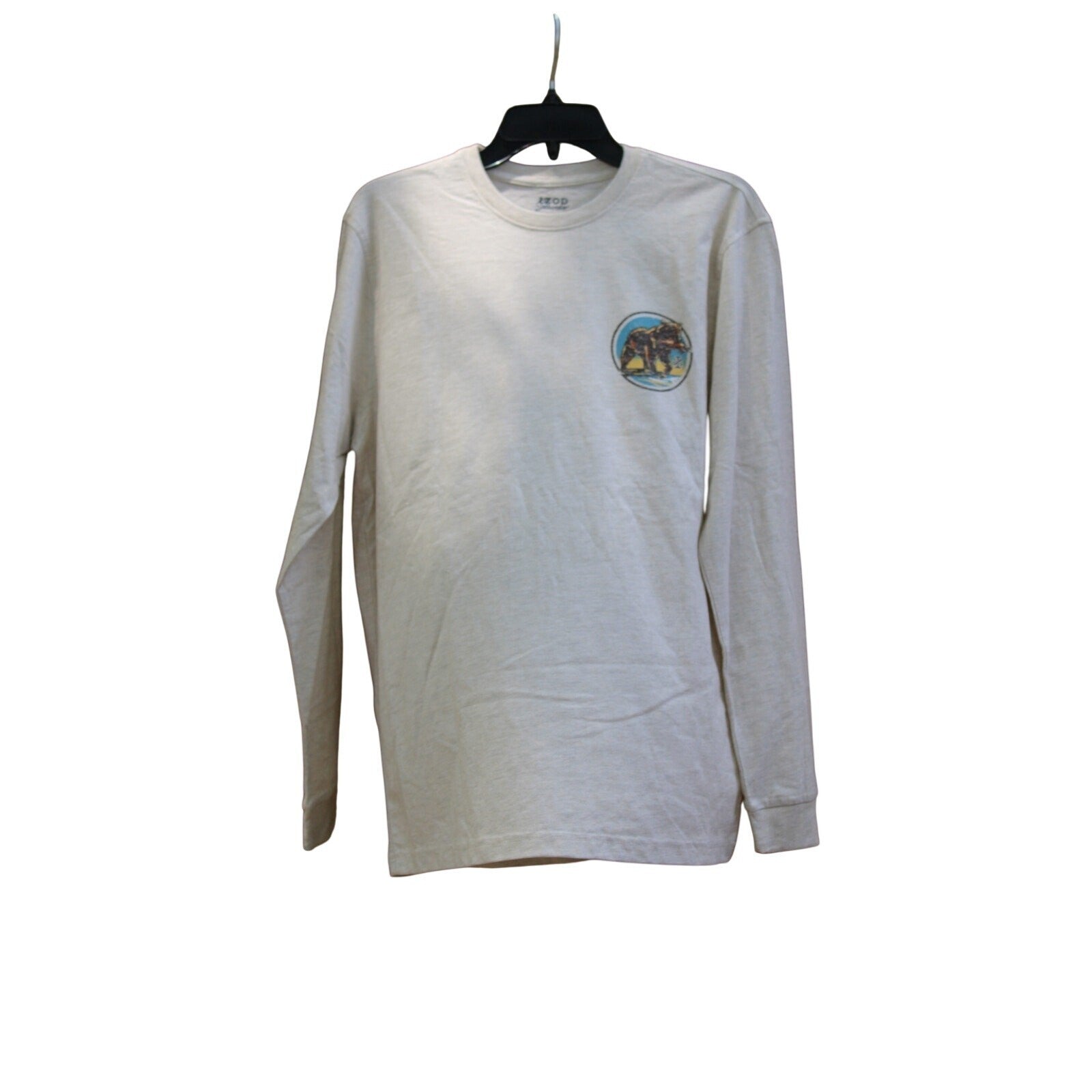 IZOD Saltwater Mens Long Sleeve Graphic T-Shirt Bear Crest White Oatmeal M