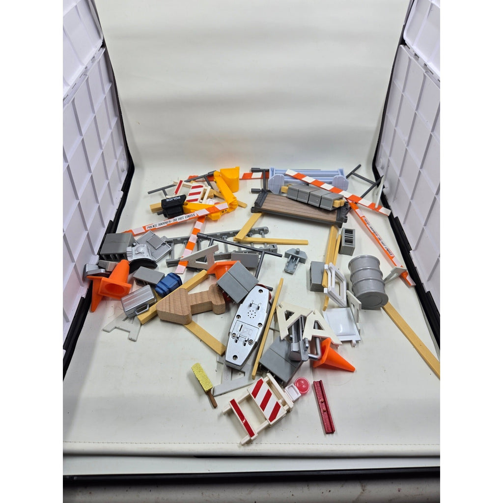 Lot of Toy Construction Accessories with Police Barriers, Traffic Cones,