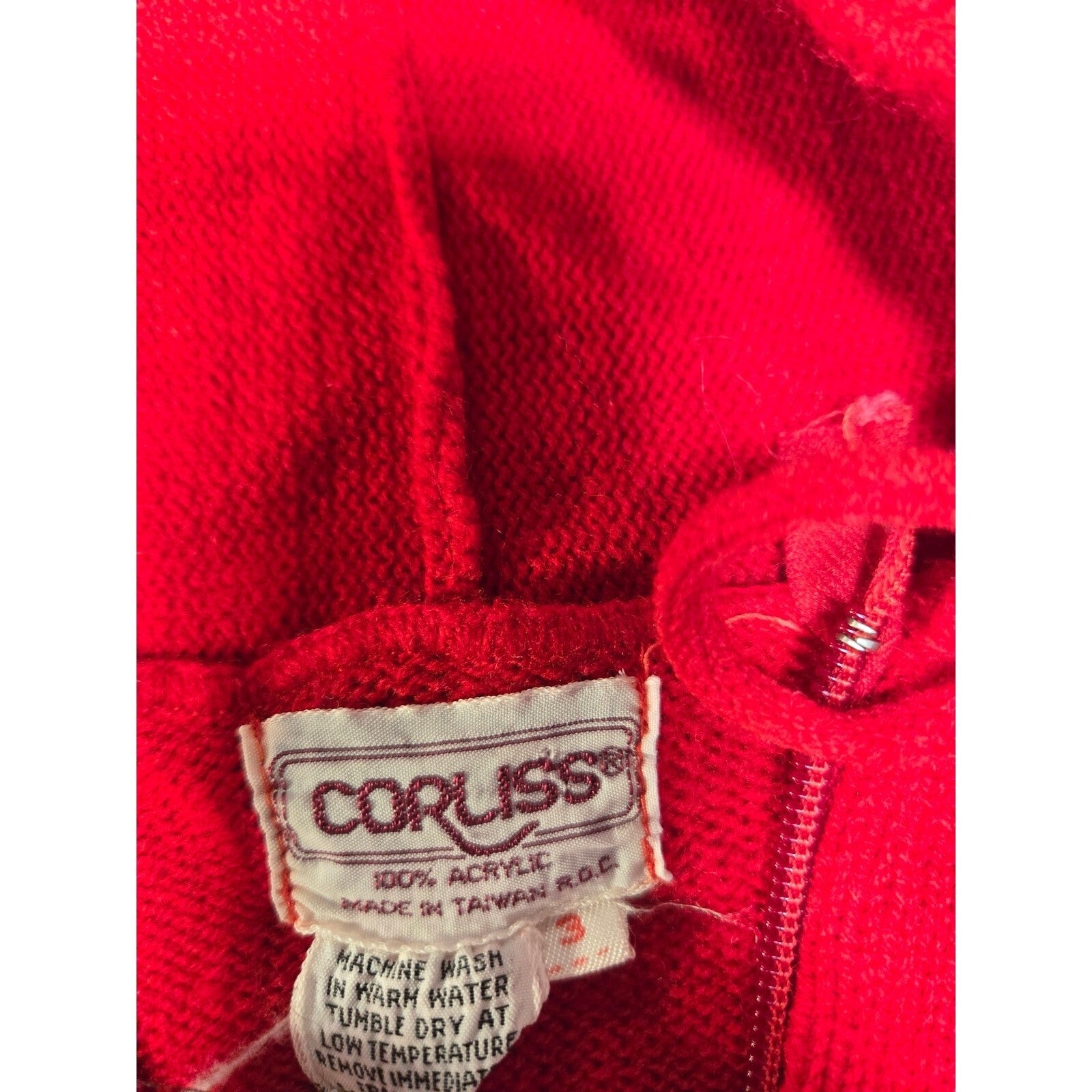 Vintage 70s 80s Corliss Red Acrylic Hooded zipped sweater size 3