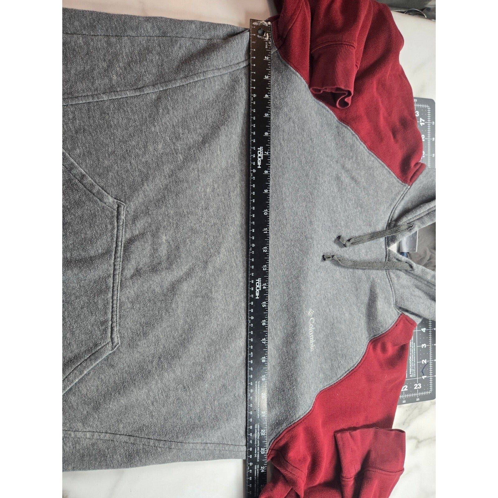 Columbia Men Hoodie Size Large Gray Maroon Pullover Raglan Fleece Sweatshirt