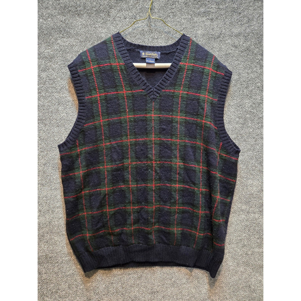Brooks Brothers Tartan Plaid Sweater Vest Men L Navy Blue Green Red V-Neck