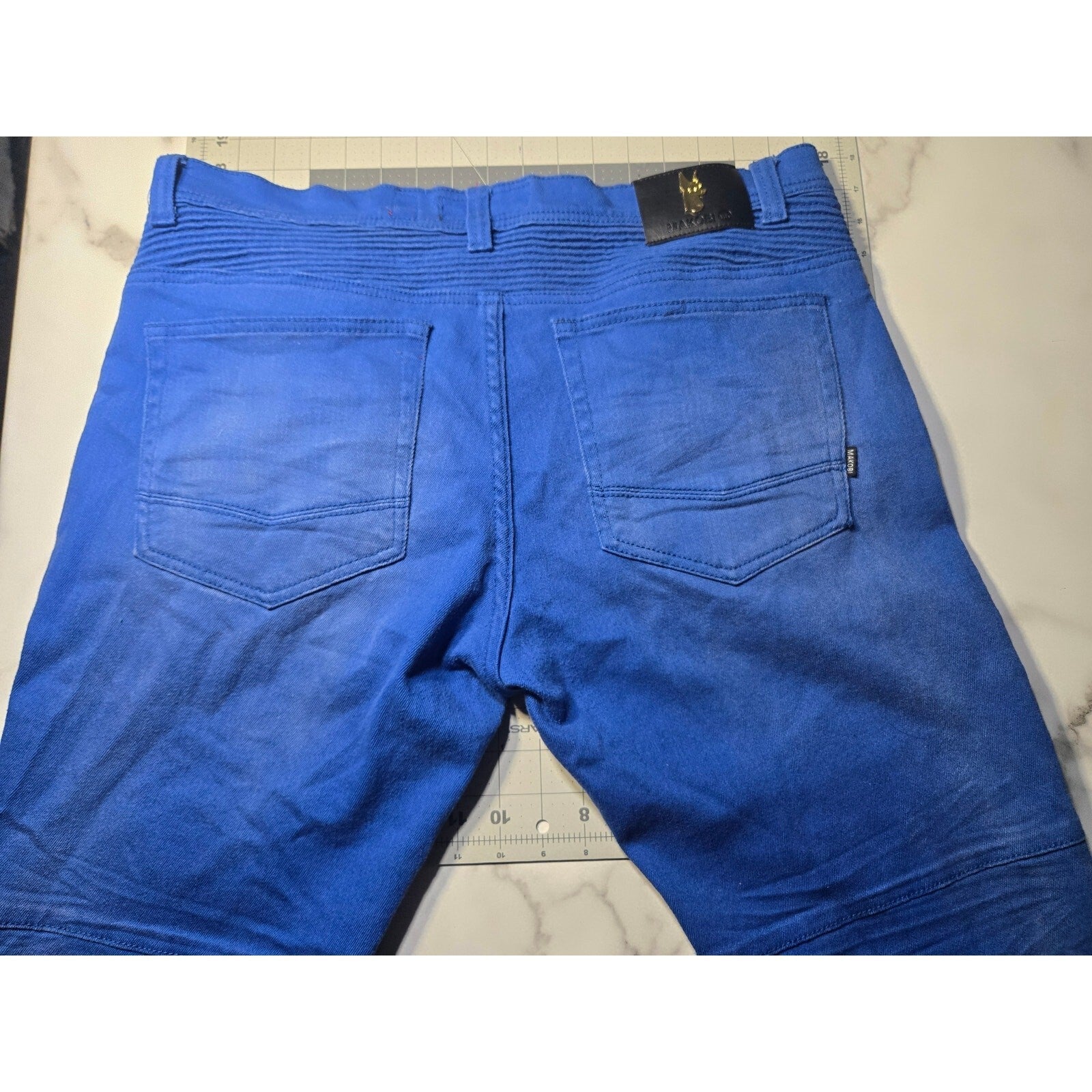 Makobi Biker Denim Royal Blue Heavily Distressed Mens Jeans Size 36 Blue