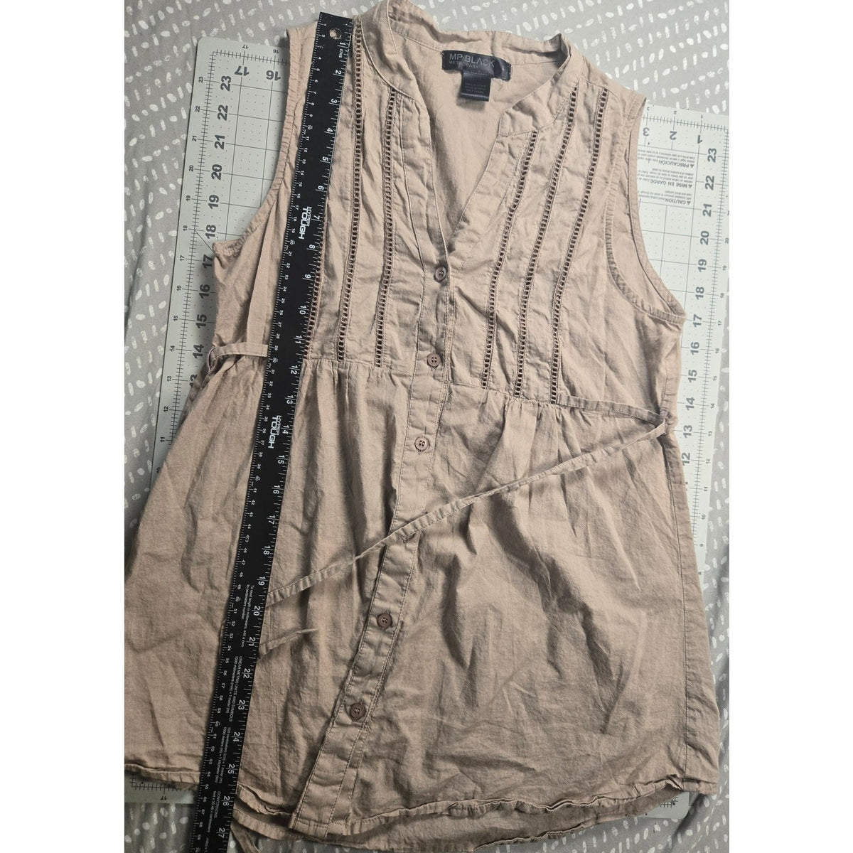 MP Black Tie waist Sleeveless Shirt Tan Beige Stitched Pleat Bodice Size L