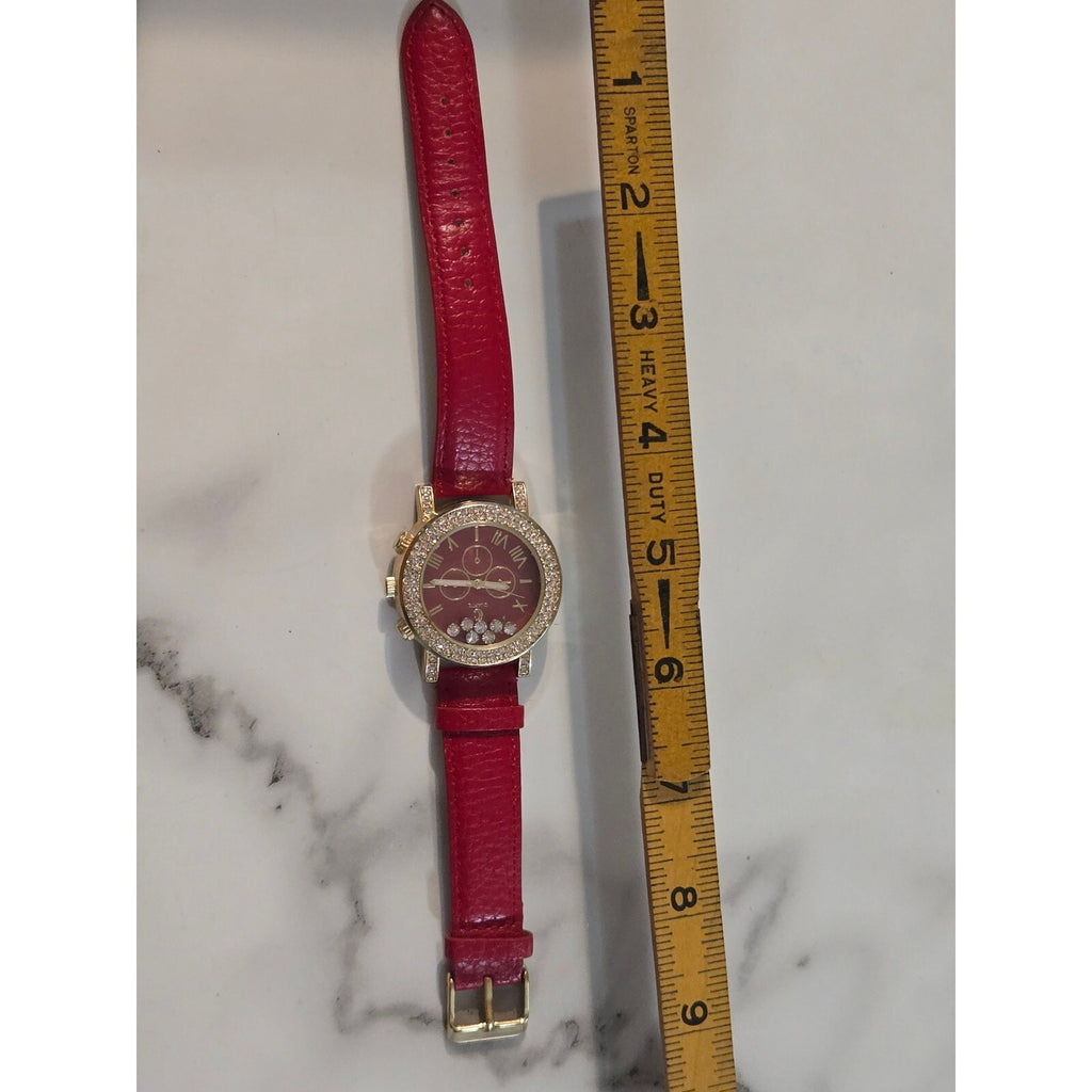 Geneva Platinum Gold Tone Red Dial Rhinestone Floating Crystal Accent Quartz
