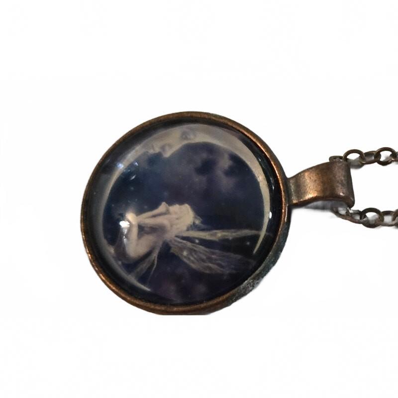 Bronze Tone Pendant Necklace with Sleeping Moon Angel Glass Cabochon on Gold-Col