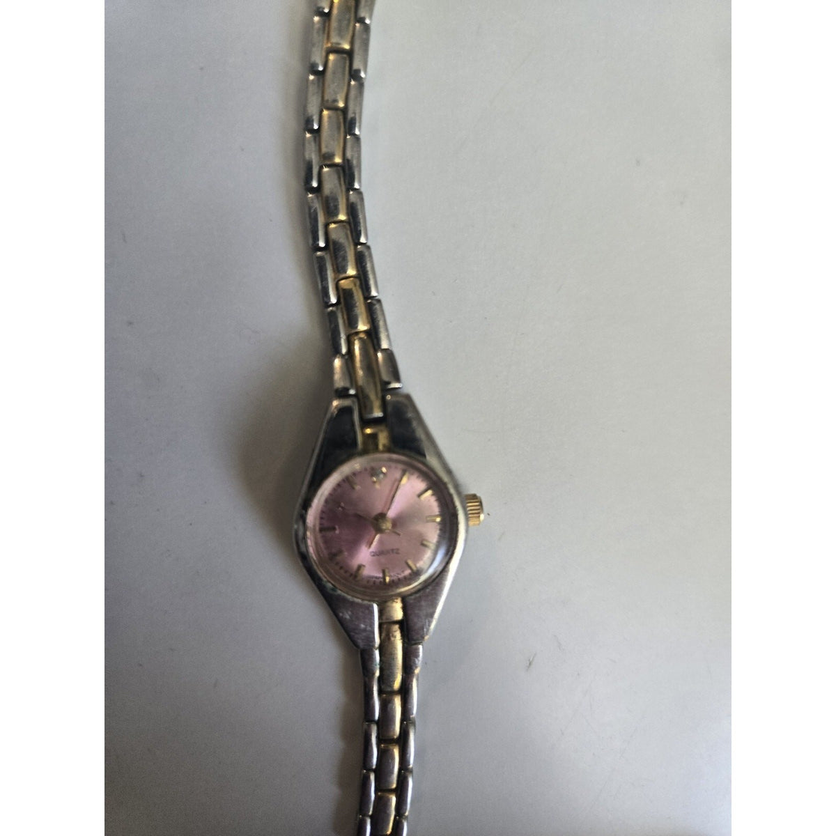 Wristwatch Silver & Gold Toned Link Band Round Pink Face Elegant