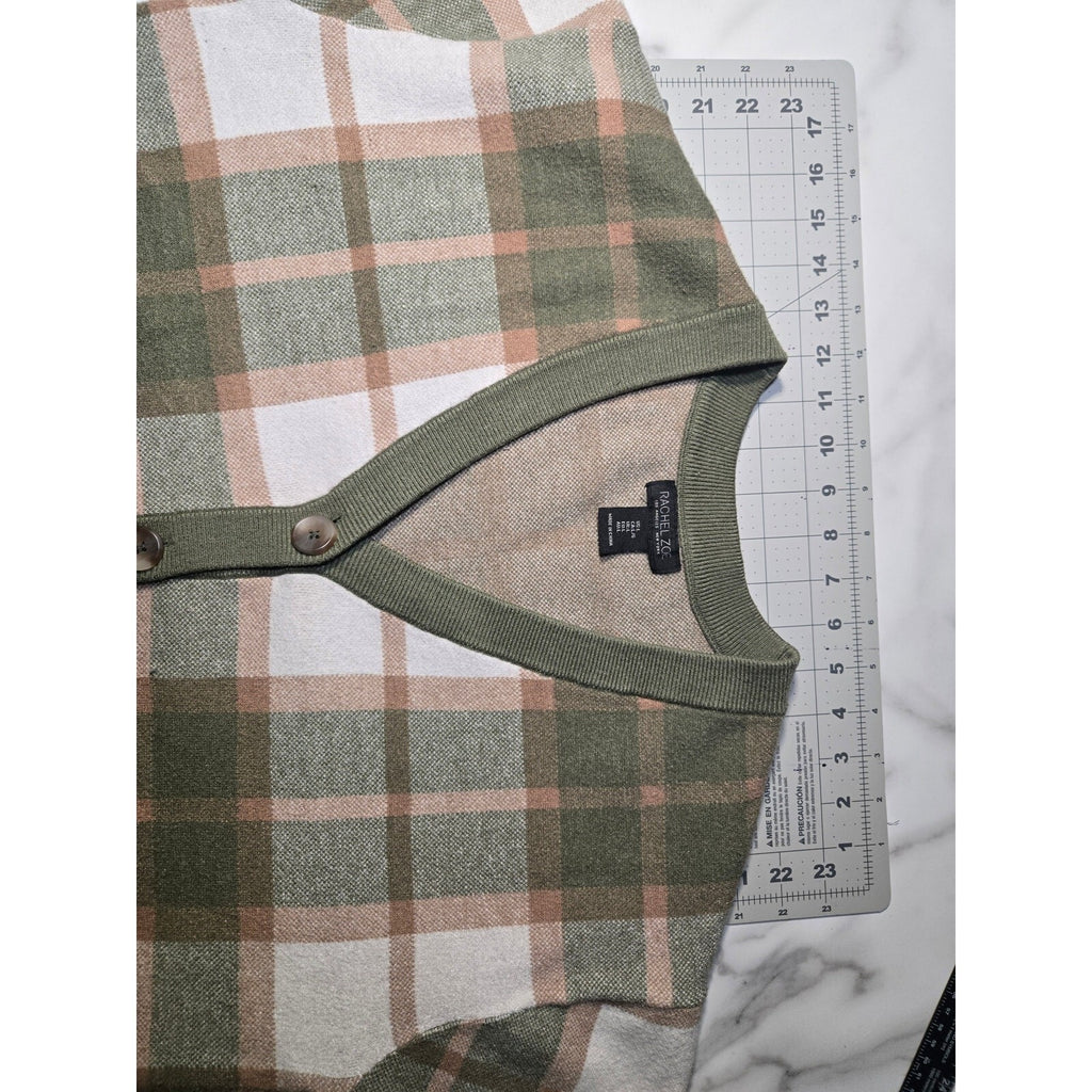 Rachel Zoe Plaid V-Neck Soft Knit Cardigan Sweater Olive Green Cream Size Medium