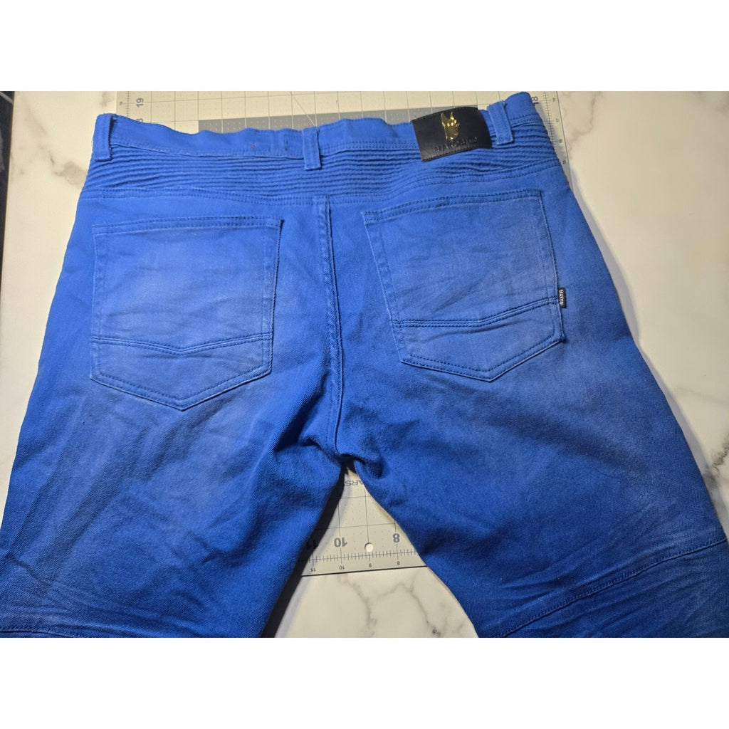 Makobi Biker Denim Royal Blue Heavily Distressed Mens Jeans Size 36 Blue